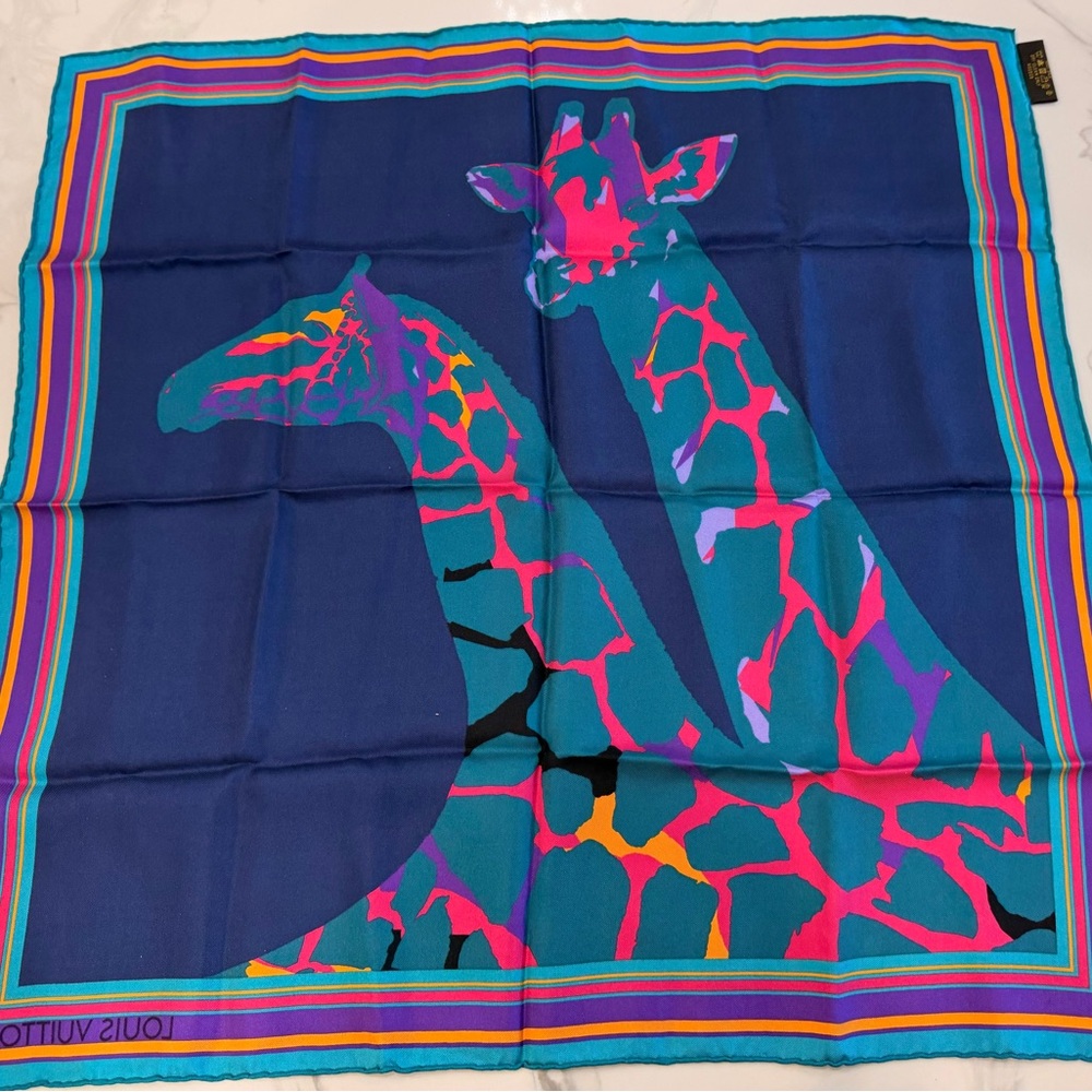 Louis Vuitton 100% Silk Blue Giraffe Print Scarf